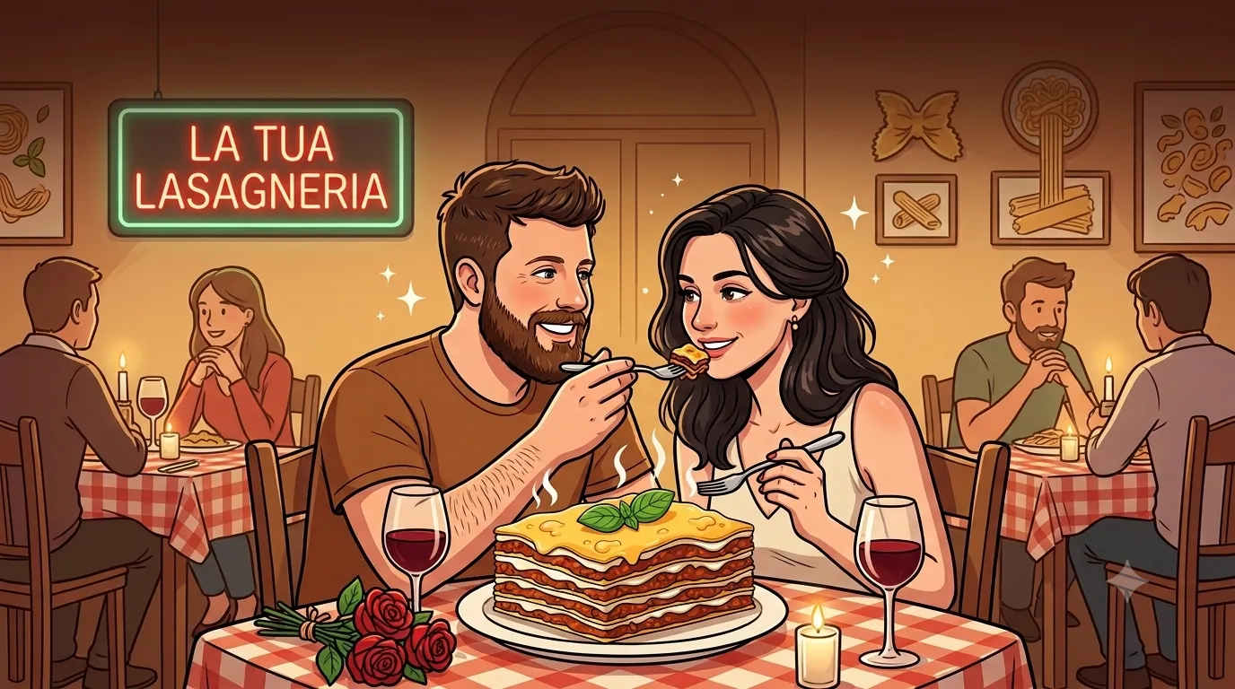 A couple sharing fresh, steaming lasagna by candlelight in a cosy Italian trattoria